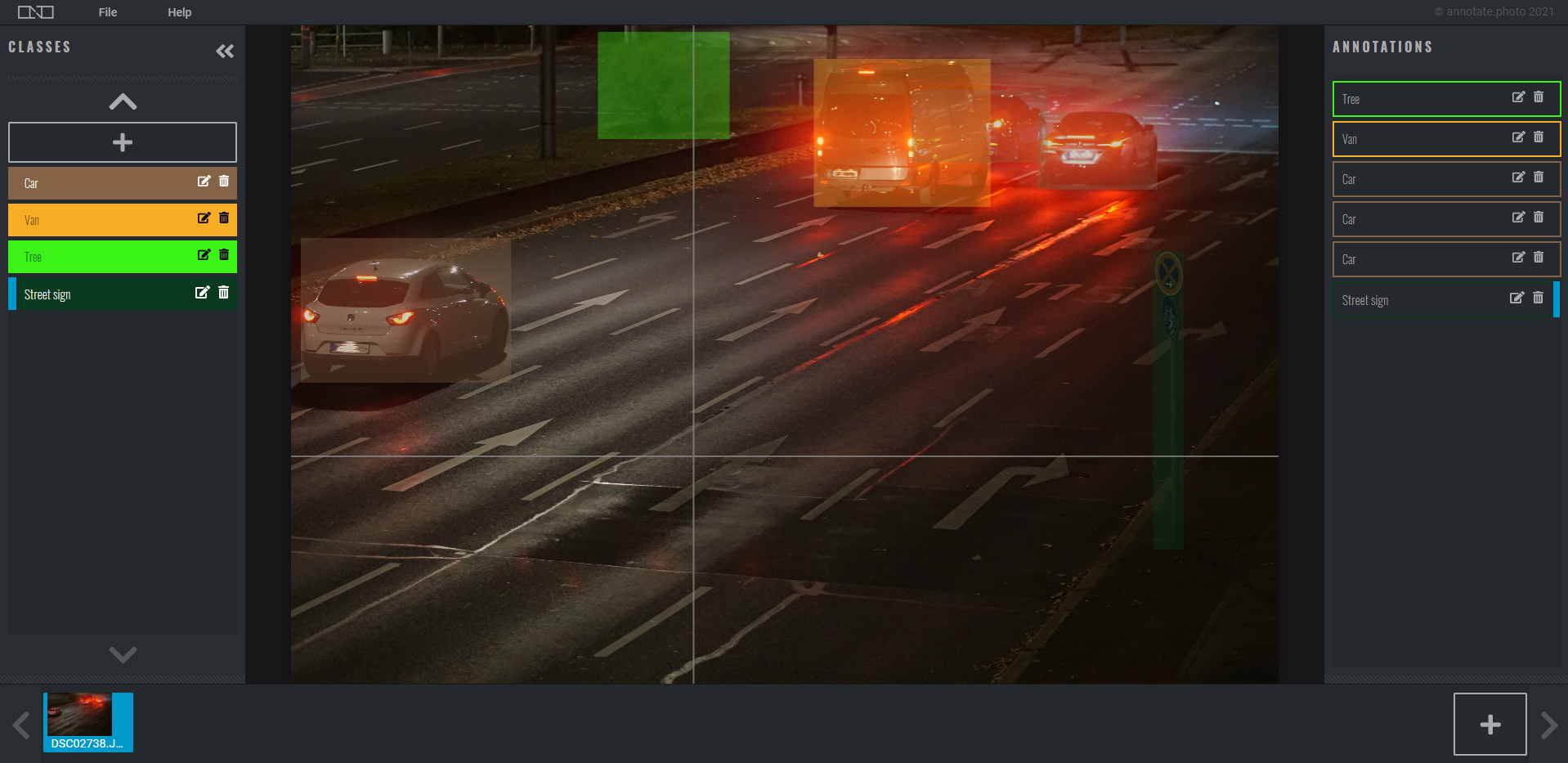 2D bounding boxes around vehicles in a street image